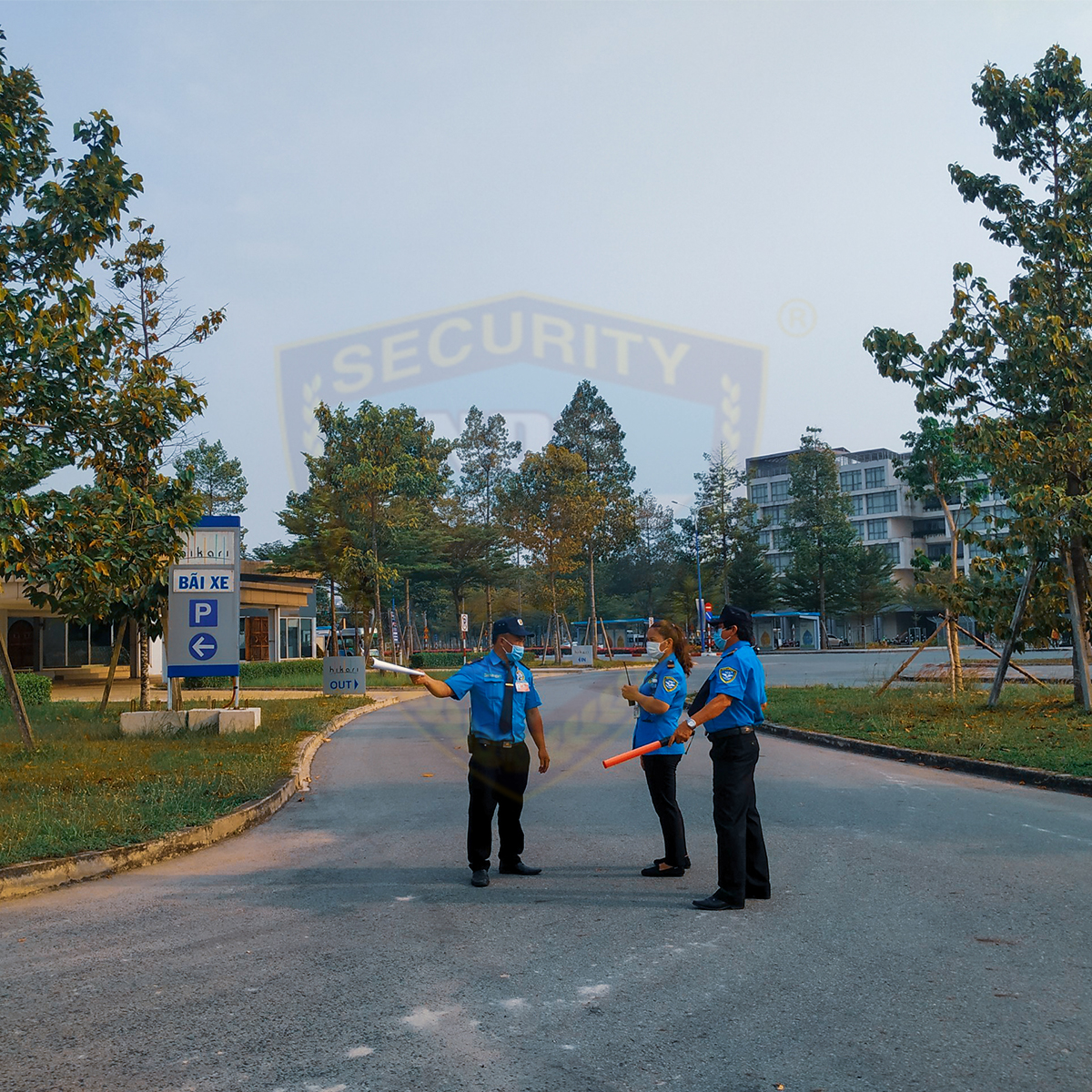 Security guards patrol the area around the event