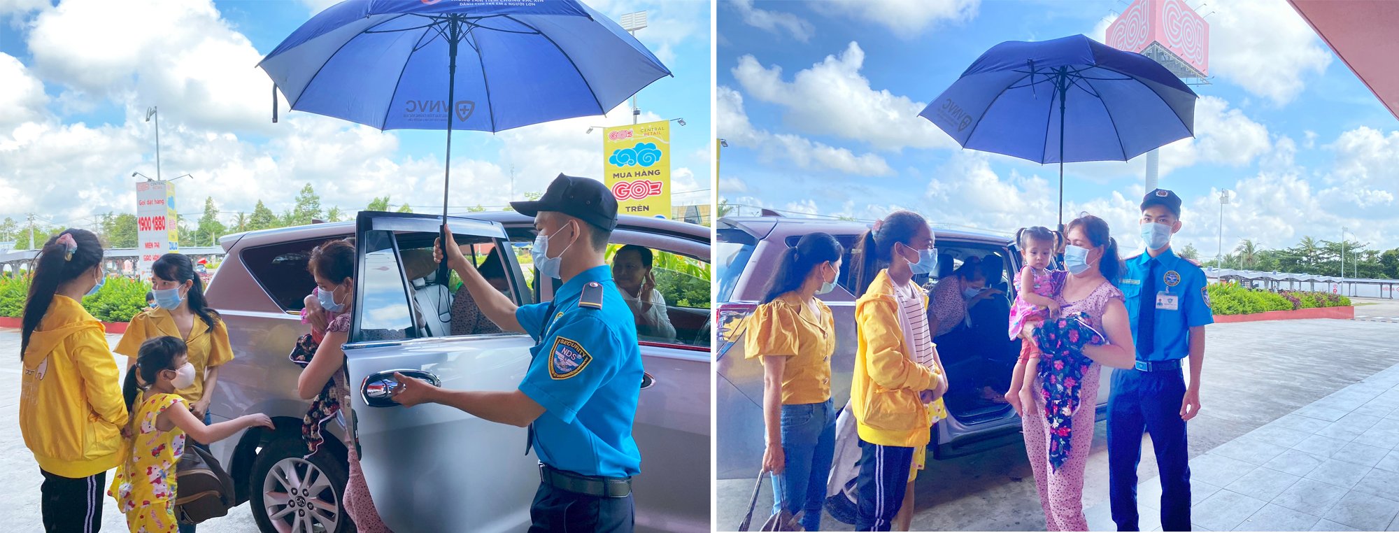 Security guards umbrella for children and adults when coming to the vaccination center 